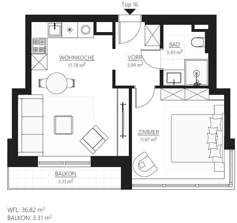 Grundriss Top 16 — Muhr 58 — 2 Zimmer — 36,8 m² — balcony