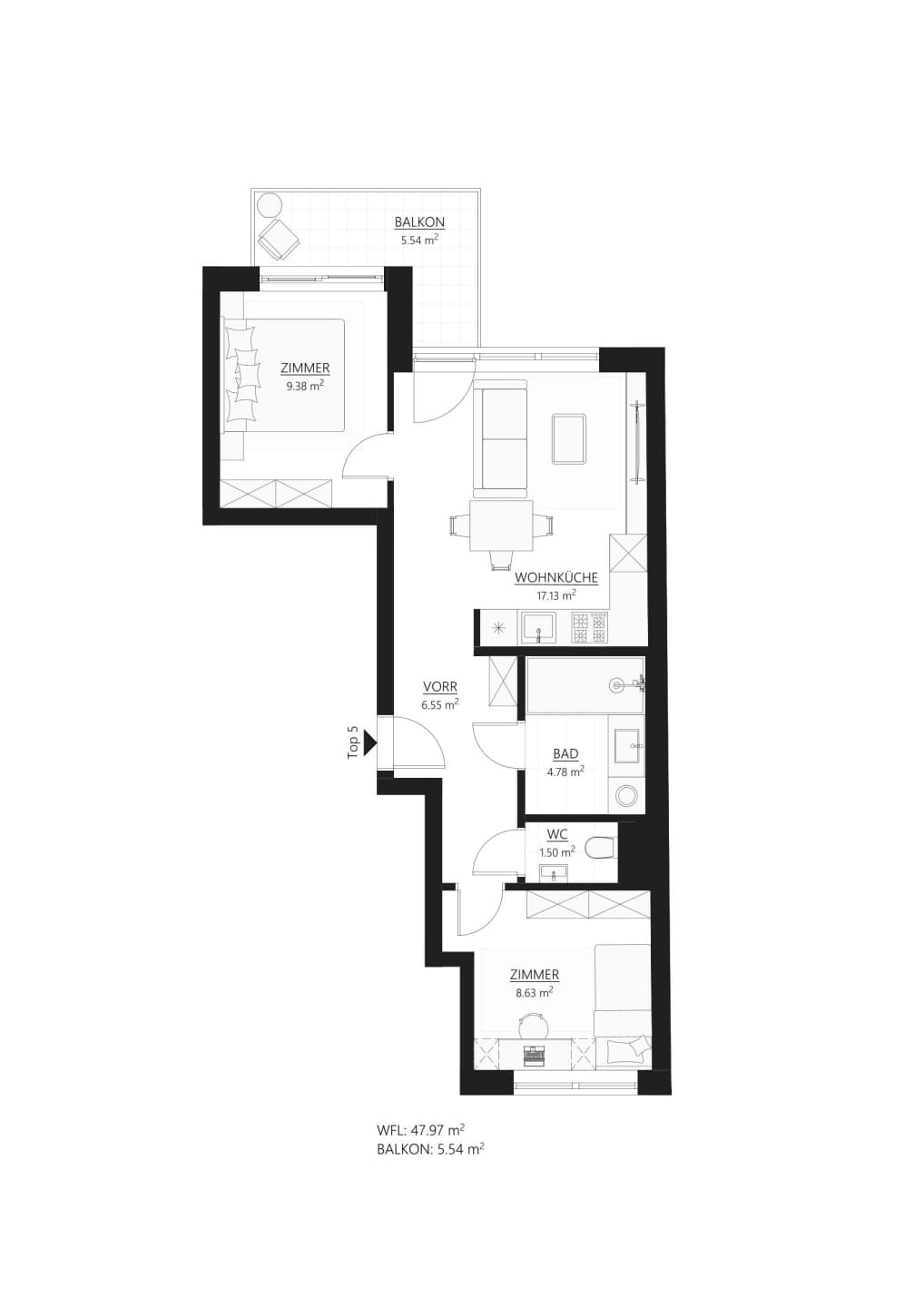 Grundriss Top 5 — Muhr 58 — 3 Zimmer — 48 m² — balcony