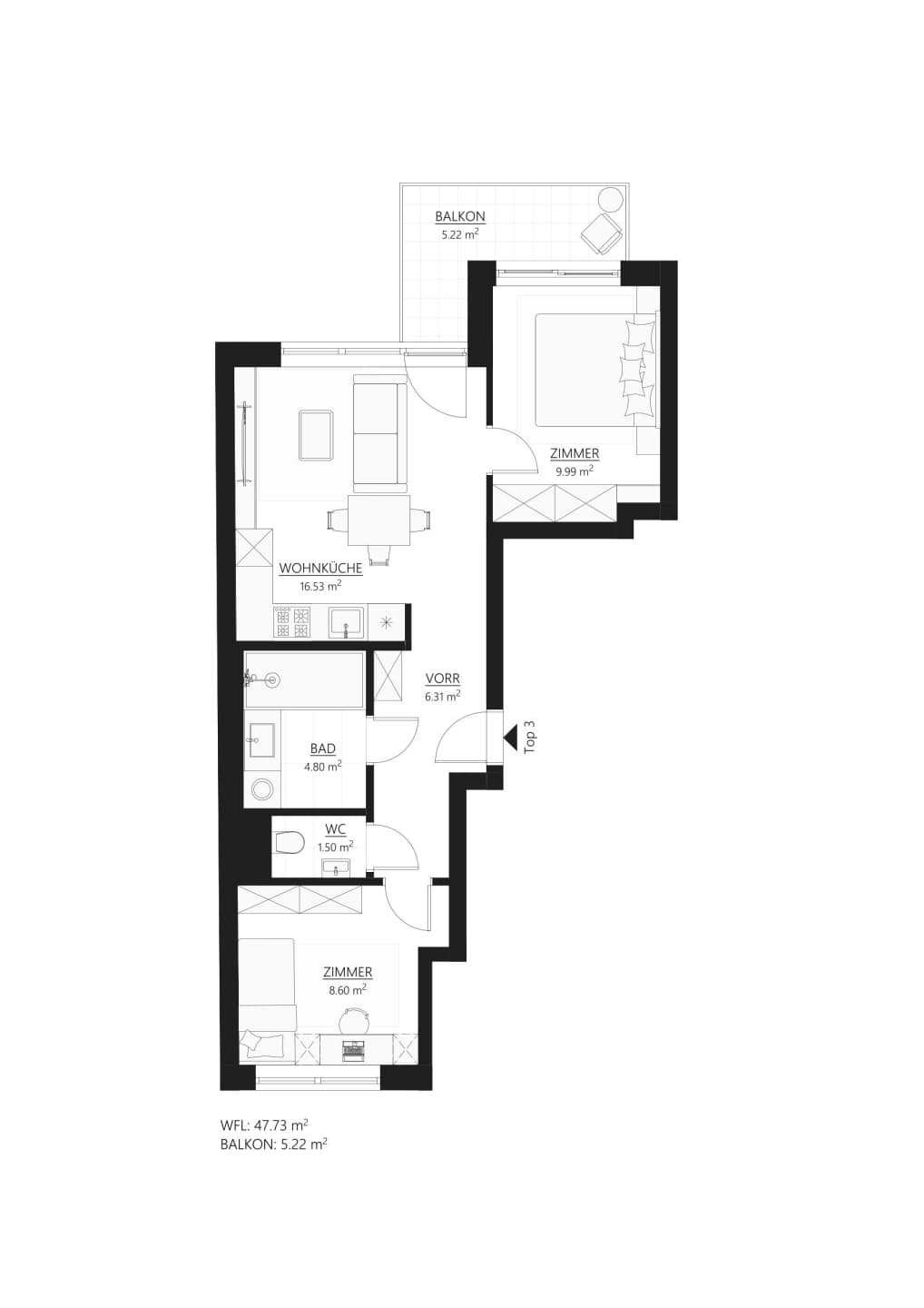 Grundriss Top 3 — Muhr 58 — 3 Zimmer — 47,7 m²