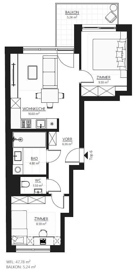 Grundriss Top 6 — Muhr 58 — 2 Zimmer — 47,8 m²