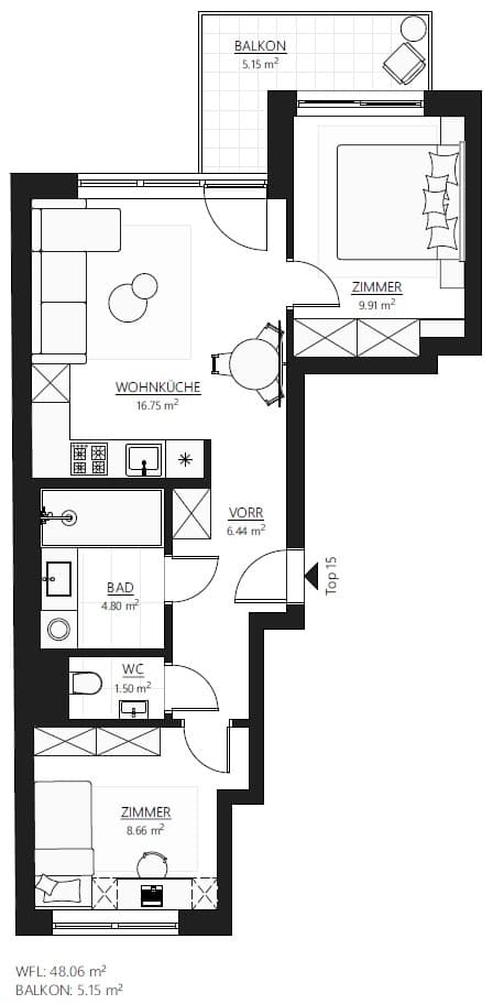 Grundriss Top 15 — Muhr 58 — 3 Zimmer — 48,1 m² — 5th floor — balcony