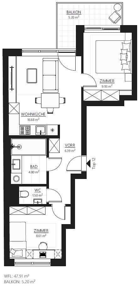 Grundriss Top 12 — Muhr 58 — 3 Zimmer — 47,9 m² — balcony