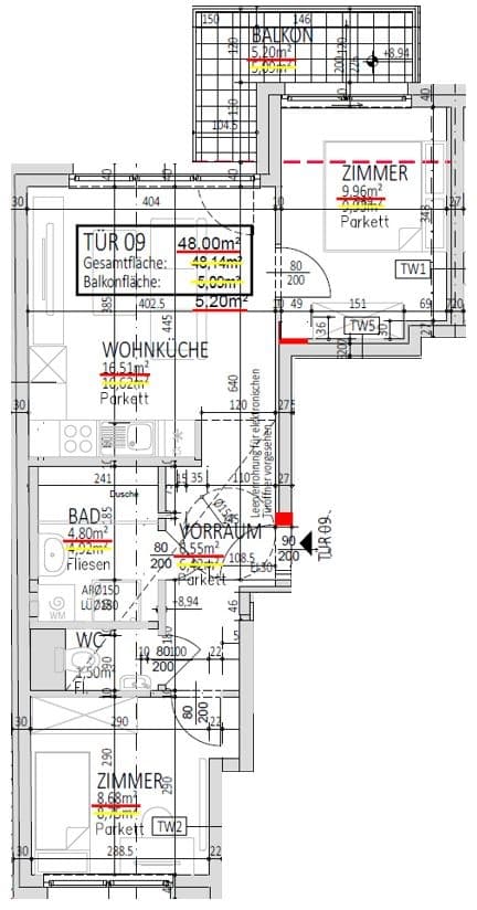 Grundriss Top 9 — Muhr 58 — 3 Zimmer — 48 m² — balcony