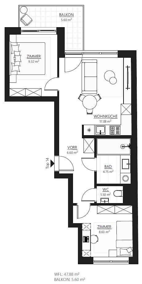Grundriss Top 14 — Muhr 58 — 3 Zimmer — 47,9 m² — balcony
