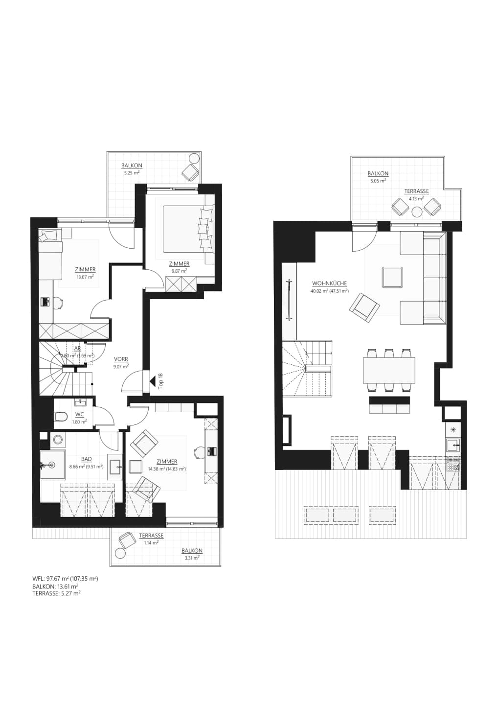 Grundriss Top 18 — Muhr 58 — 4 Zimmer — 107,4 m² — Attic floor — balcony