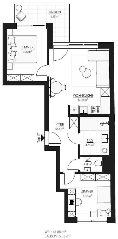 Grundriss Top 17 — Muhr 58 — 3 Zimmer — 47,9 m² — balcony