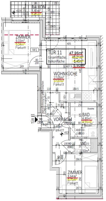 Grundriss Top 11 — Muhr 58 — 3 Zimmer — 48 m² — balcony