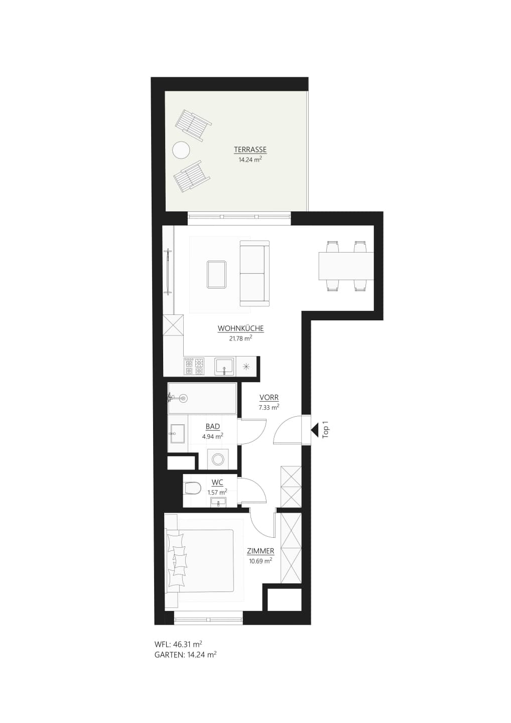 Grundriss Top 1 — Muhr 58 — 2 Zimmer — 46,3 m² — Ground floor — terrace