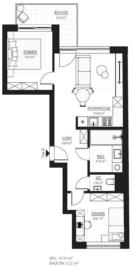 Grundriss Top 8 — Muhr 58 — 3 Zimmer — 47,9 m² — balcony