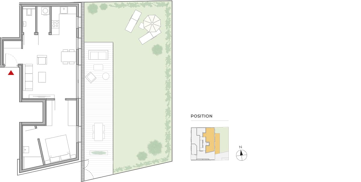 Grundriss Top 1 — Nobilegasse 52 — 2 Zimmer — 50 m² — Ground floor — Terrasse 26 m², Eigengarten 68 m²