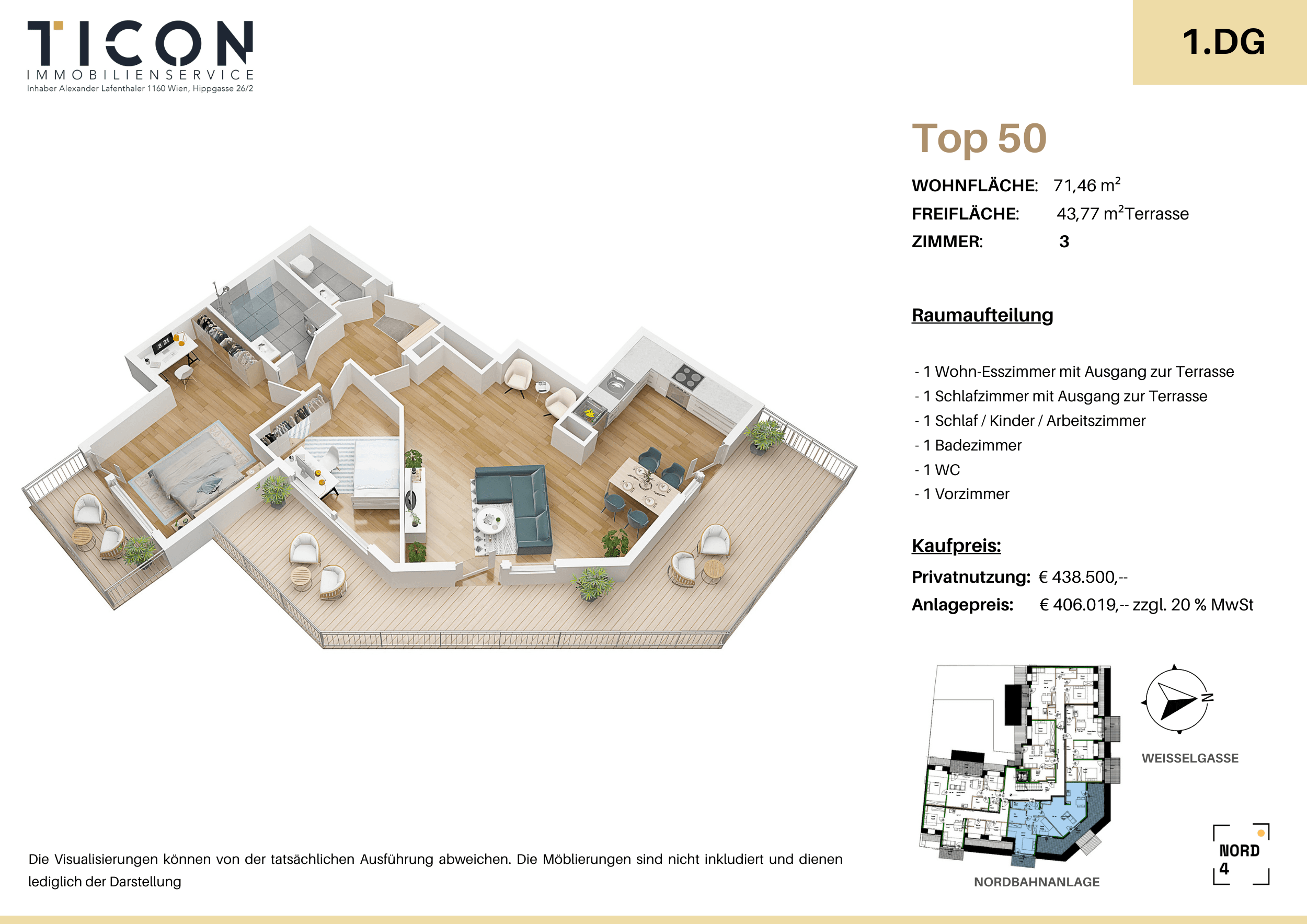 Grundriss Top 50 — NORD4 — 3 Zimmer — 71,5 m² — 1st attic floor — Grundriss 2/2
