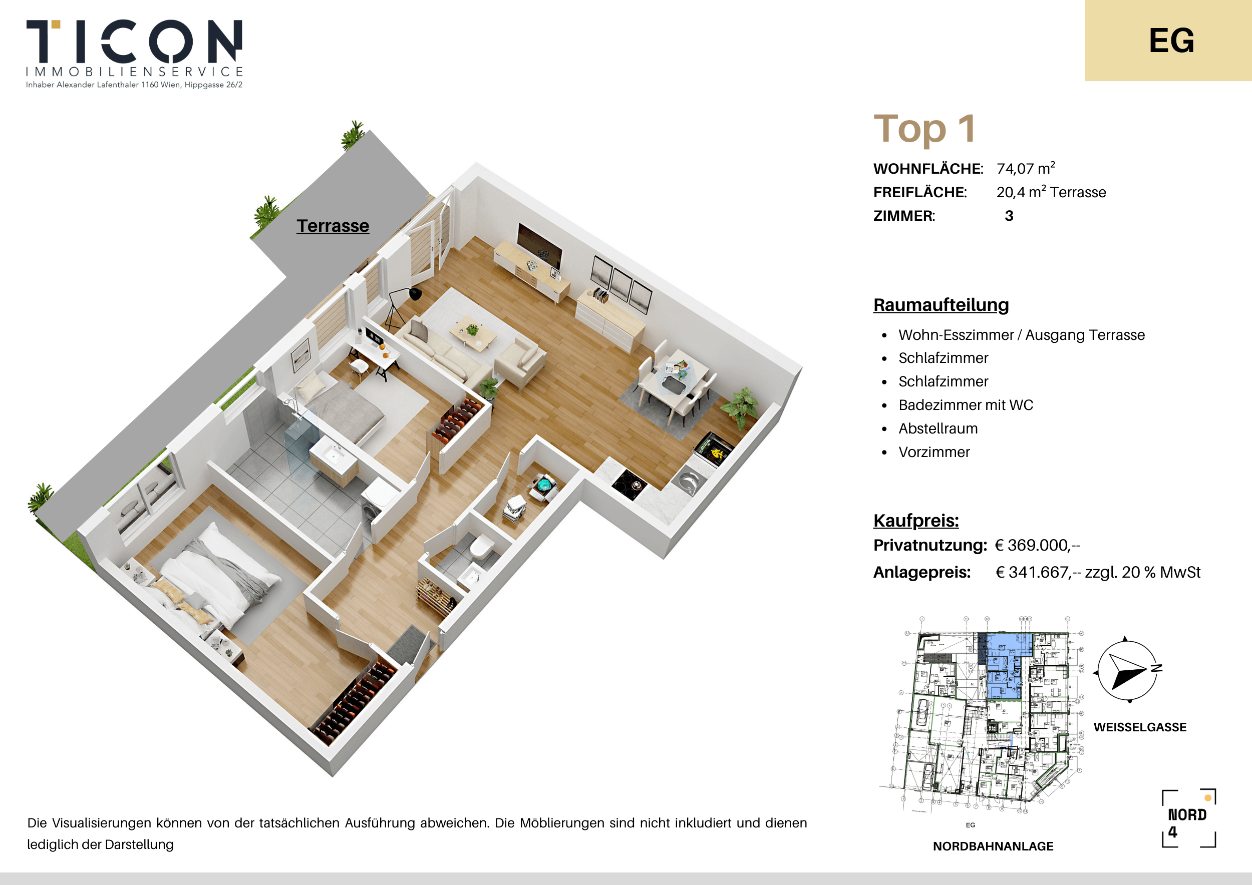 Grundriss Top 01 — NORD4 — 3 Zimmer — 74,1 m² — Ground floor — Grundriss 2/3