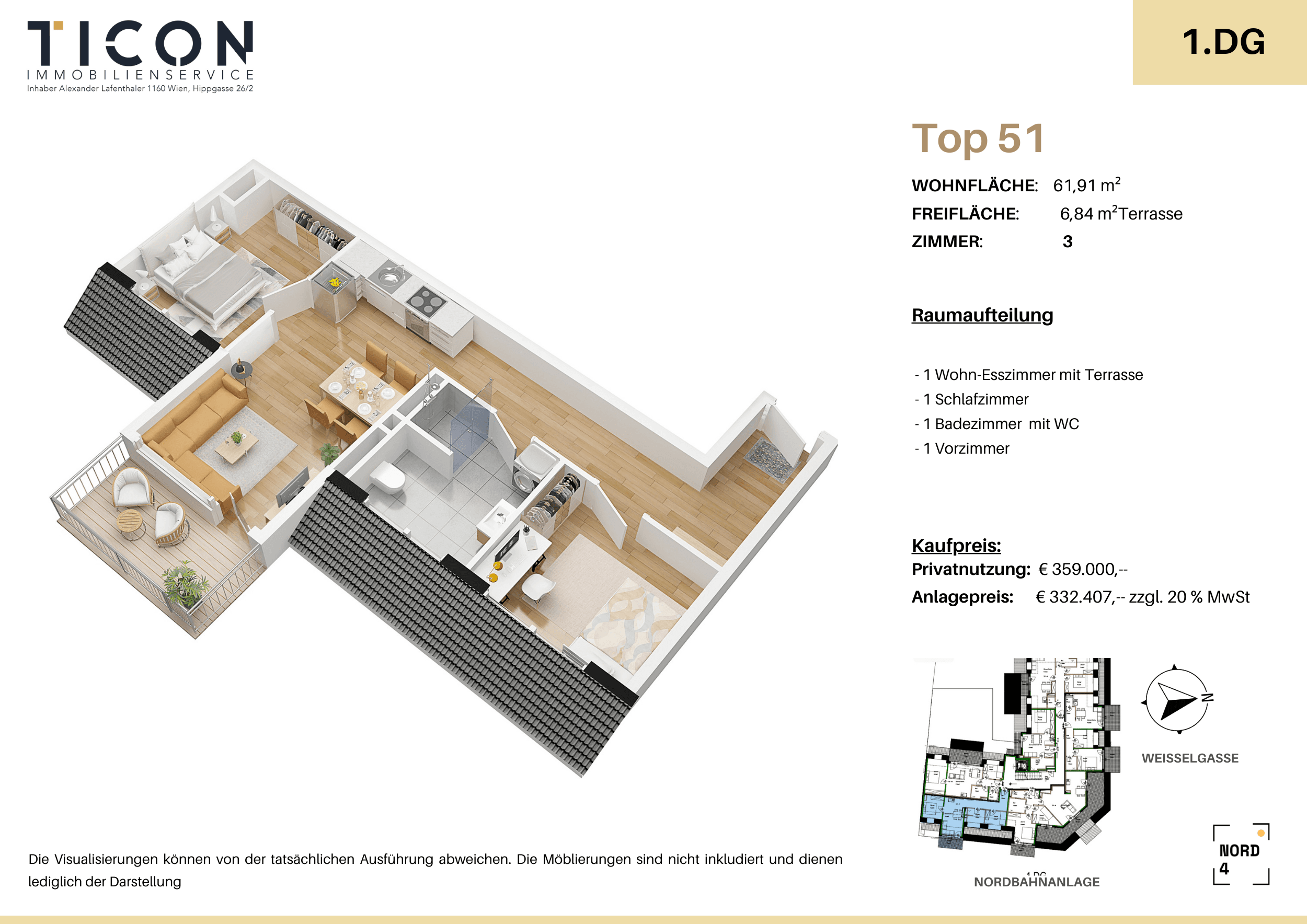 Grundriss Top 51 — NORD4 — 3 Zimmer — 61,9 m² — 1st attic floor — Grundriss 2/2