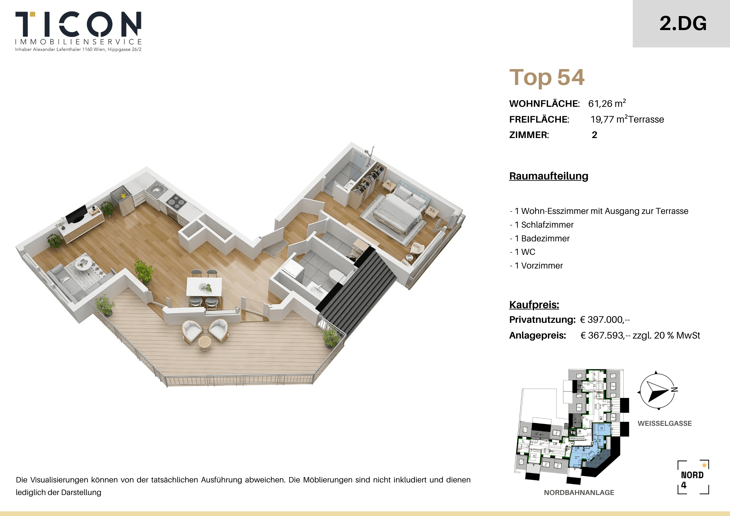 Grundriss Top 54 — NORD4 — 2 Zimmer — 61,3 m² — 2nd attic floor — Grundriss 2/2