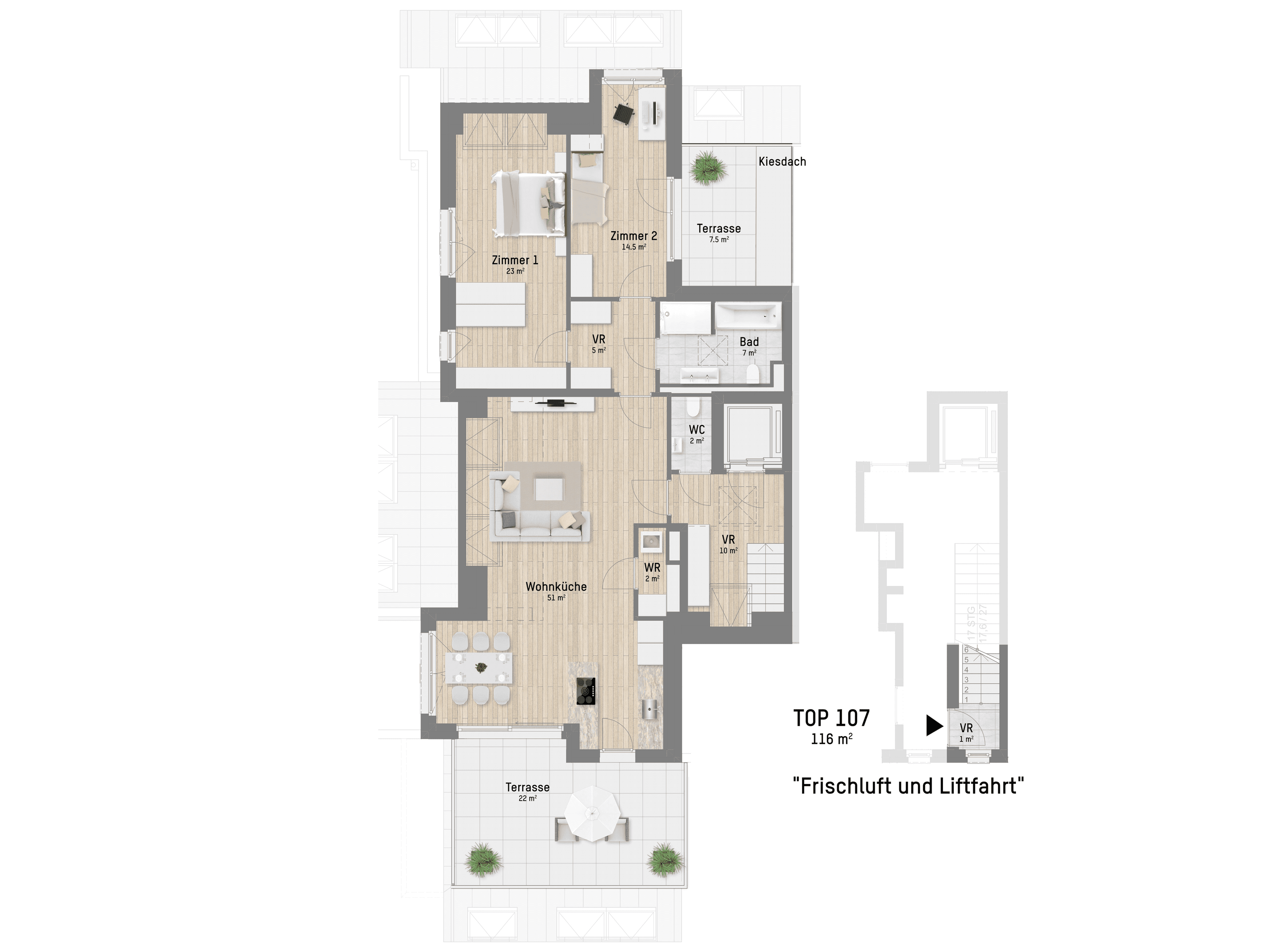 Grundriss TOP 1.07 — Obstgartenweg 15-17 — 3 Zimmer — 117,3 m² — 2nd attic floor