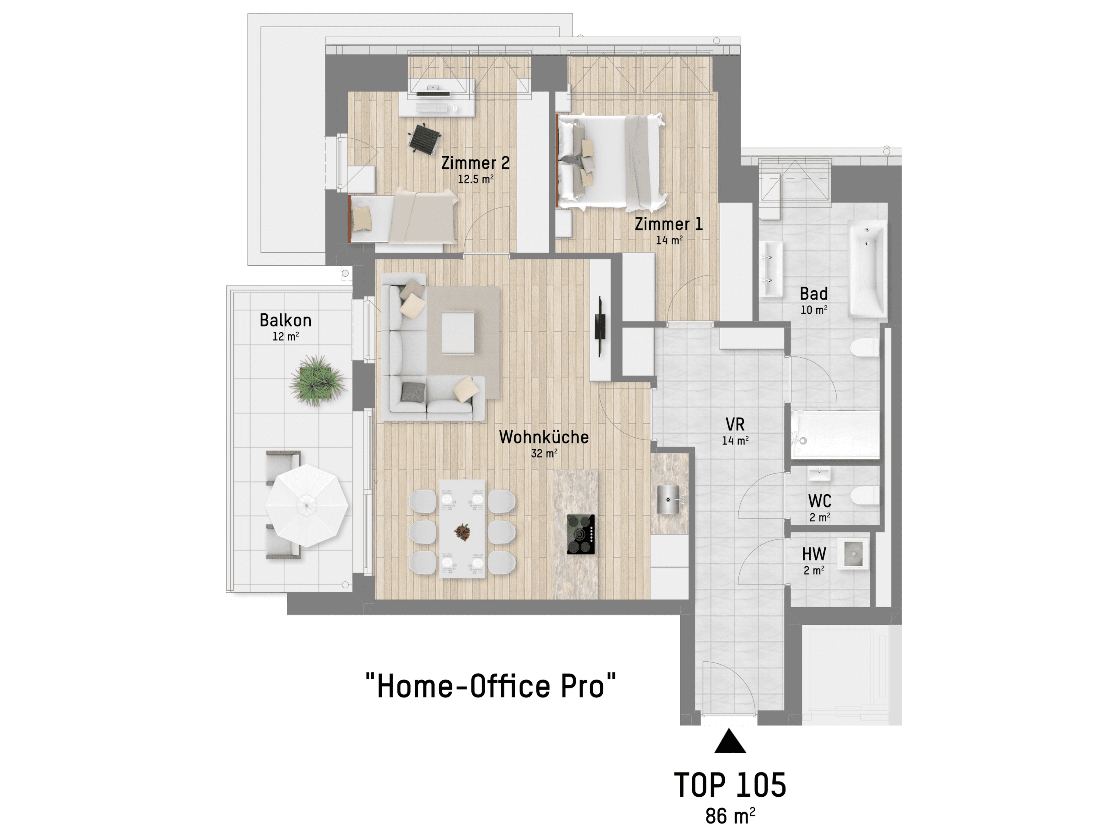 Grundriss TOP 1.05 — Obstgartenweg 15-17 — 3 Zimmer — 85,9 m² — 1st attic floor