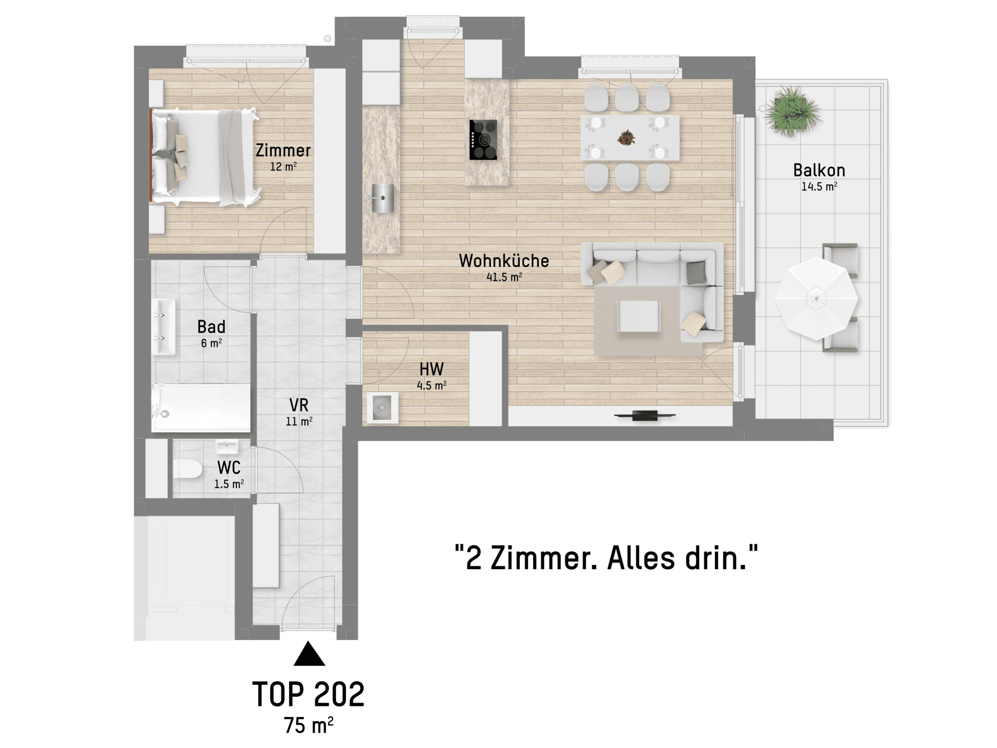 Grundriss TOP 2.02 — Obstgartenweg 15-17 — 2 Zimmer — 75 m² — 1st floor