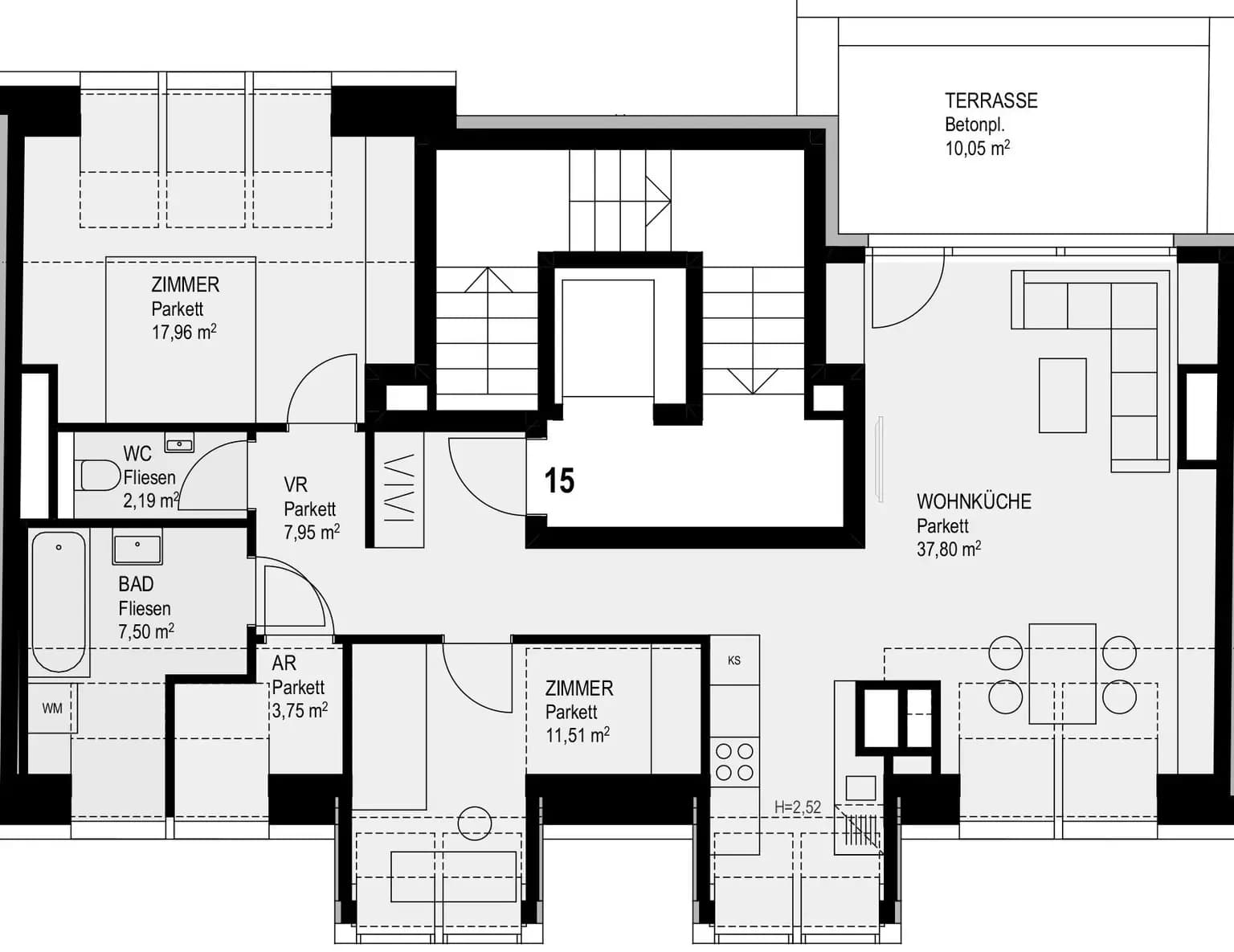 Grundriss Top 15 — Ostmarkgasse 18 — 3 Zimmer — 88,7 m² — Attic floor