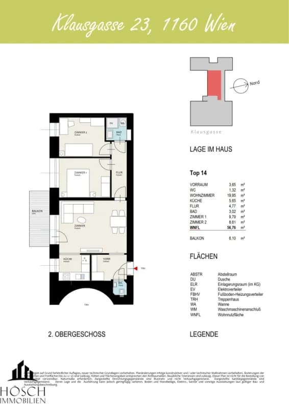 Grundriss Top 114 — Otto & Klaus — 3 Zimmer — 56,8 m² — Attic floor — Balkon 6,1 m²