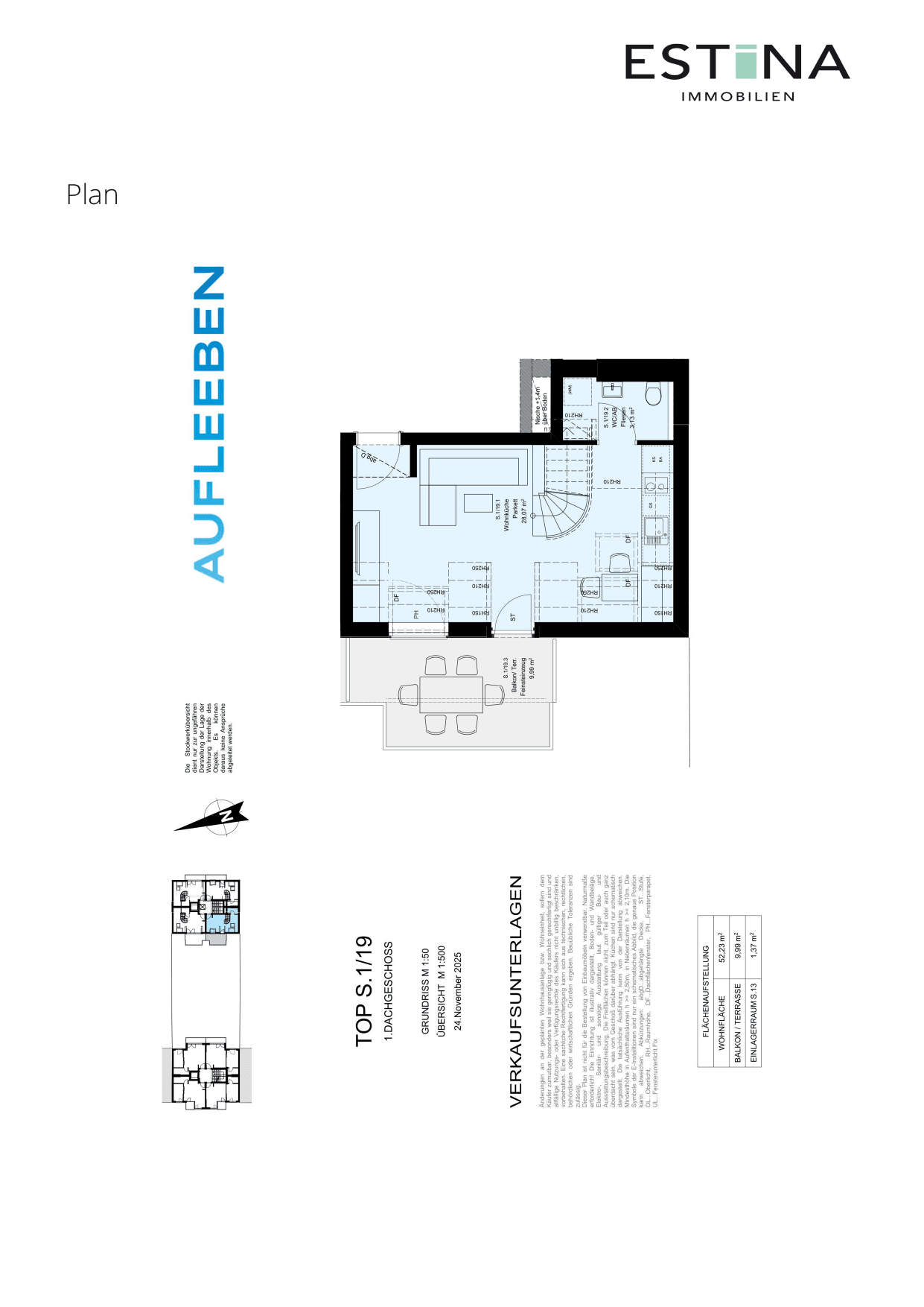 Grundriss Top S.1/19 — Aufleeben — 2 Zimmer — 52,2 m² — 1st attic floor — Terrasse — Grundriss 1/3