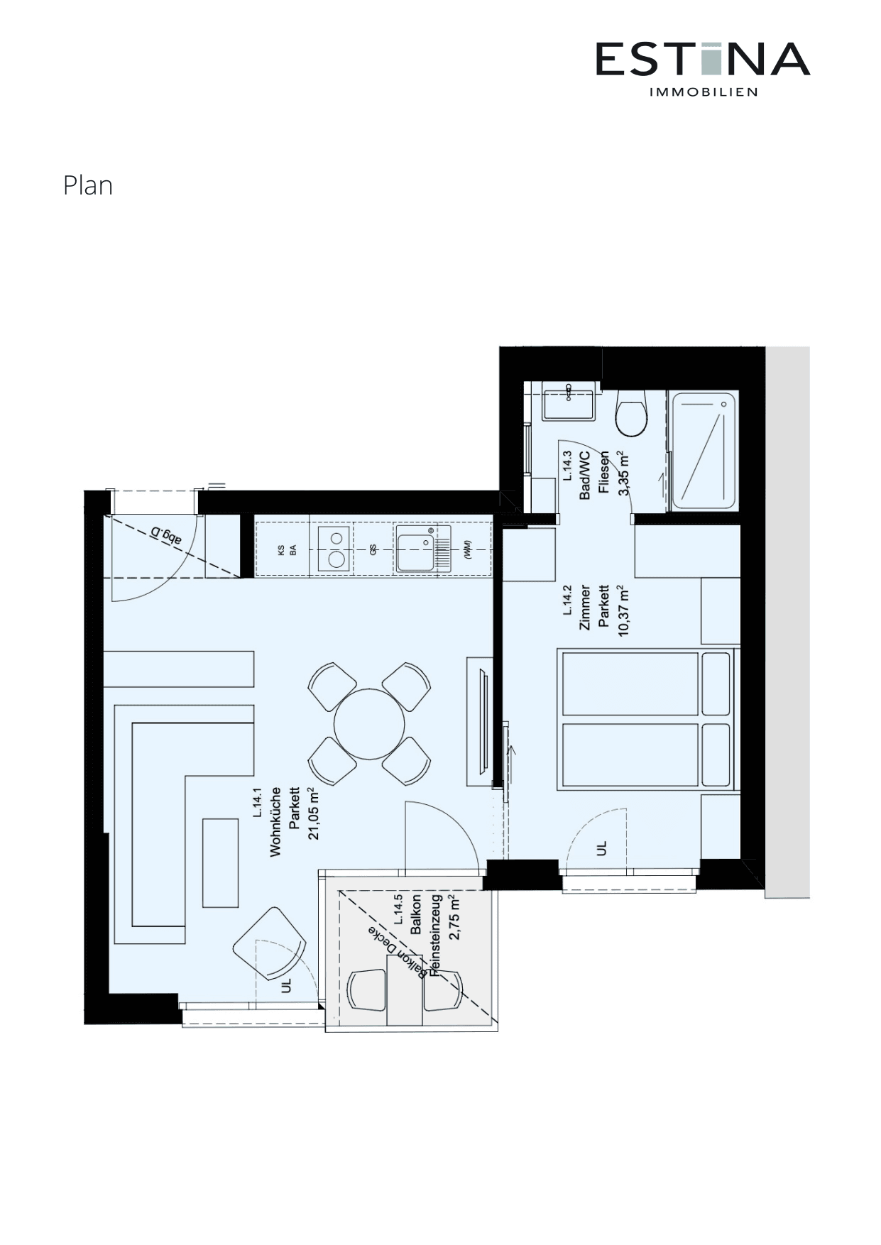 Grundriss Top L.14.3 — Aufleeben — 2 Zimmer — 34,7 m² — 4th floor — Balkon