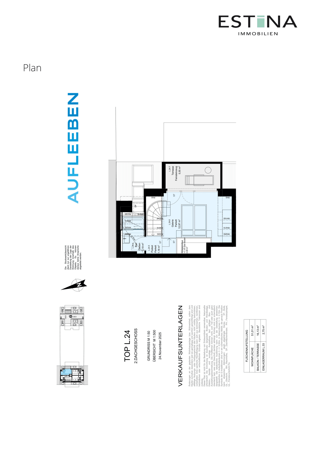 Grundriss Top L.24.1 — Aufleeben — 2 Zimmer — 51 m² — 2nd attic floor — Terrasse — Grundriss 1/4