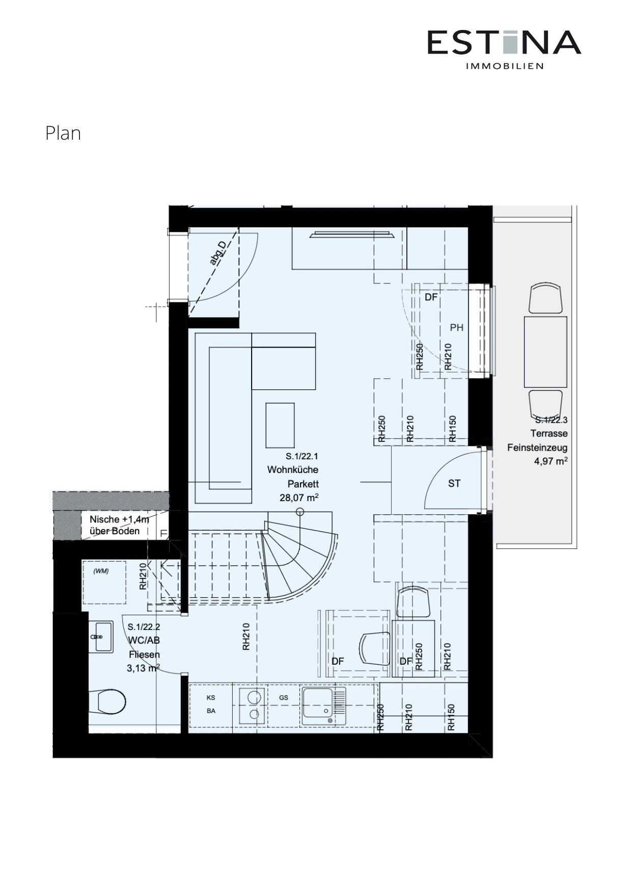 Grundriss Top S.1/22.4 — Aufleeben — 2 Zimmer — 52,3 m² — 1st attic floor — Terrasse — Grundriss 3/4