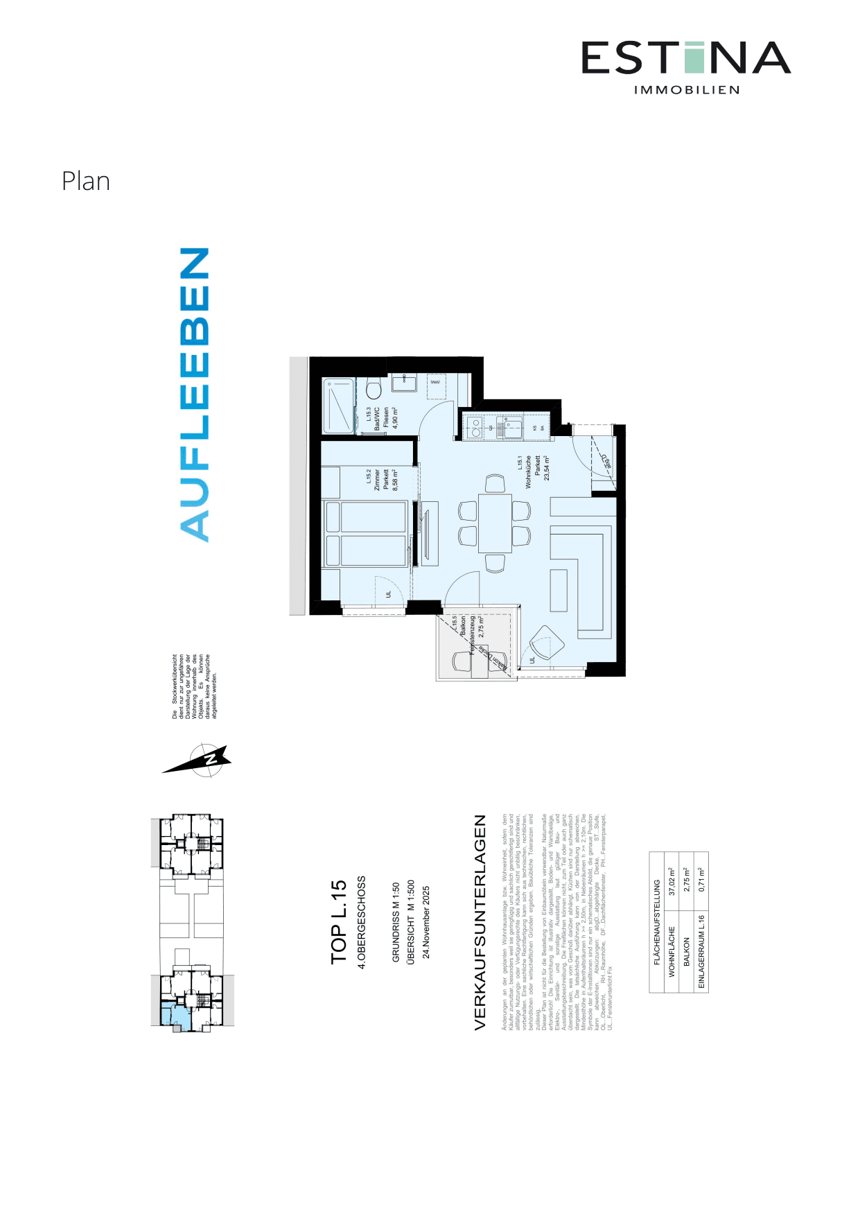 Grundriss Top L.15 — Aufleeben — 2 Zimmer — 37 m² — 4th floor — Balkon