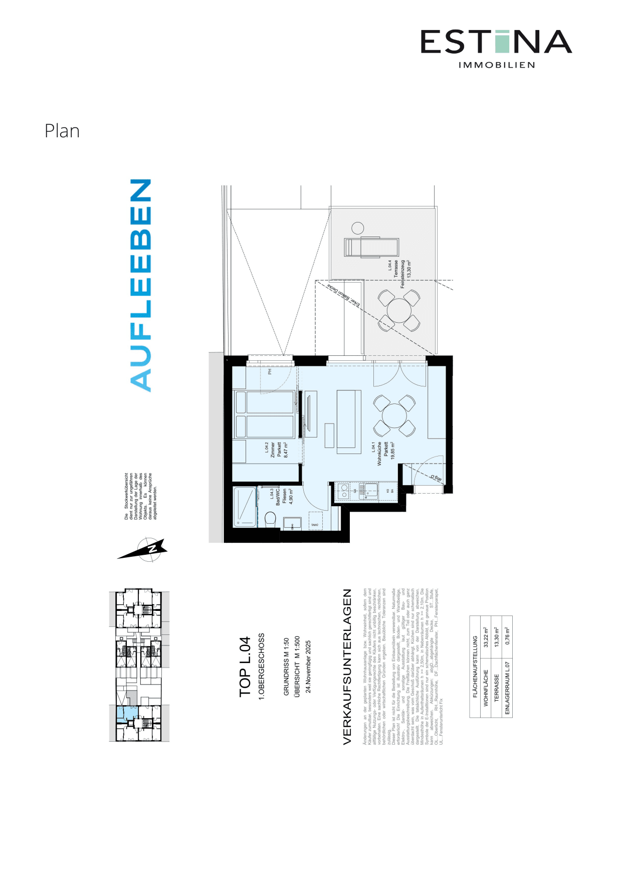 Grundriss Top L.04 — Aufleeben — 2 Zimmer — 33,2 m² — 1st floor — Terrasse — Grundriss 1/2