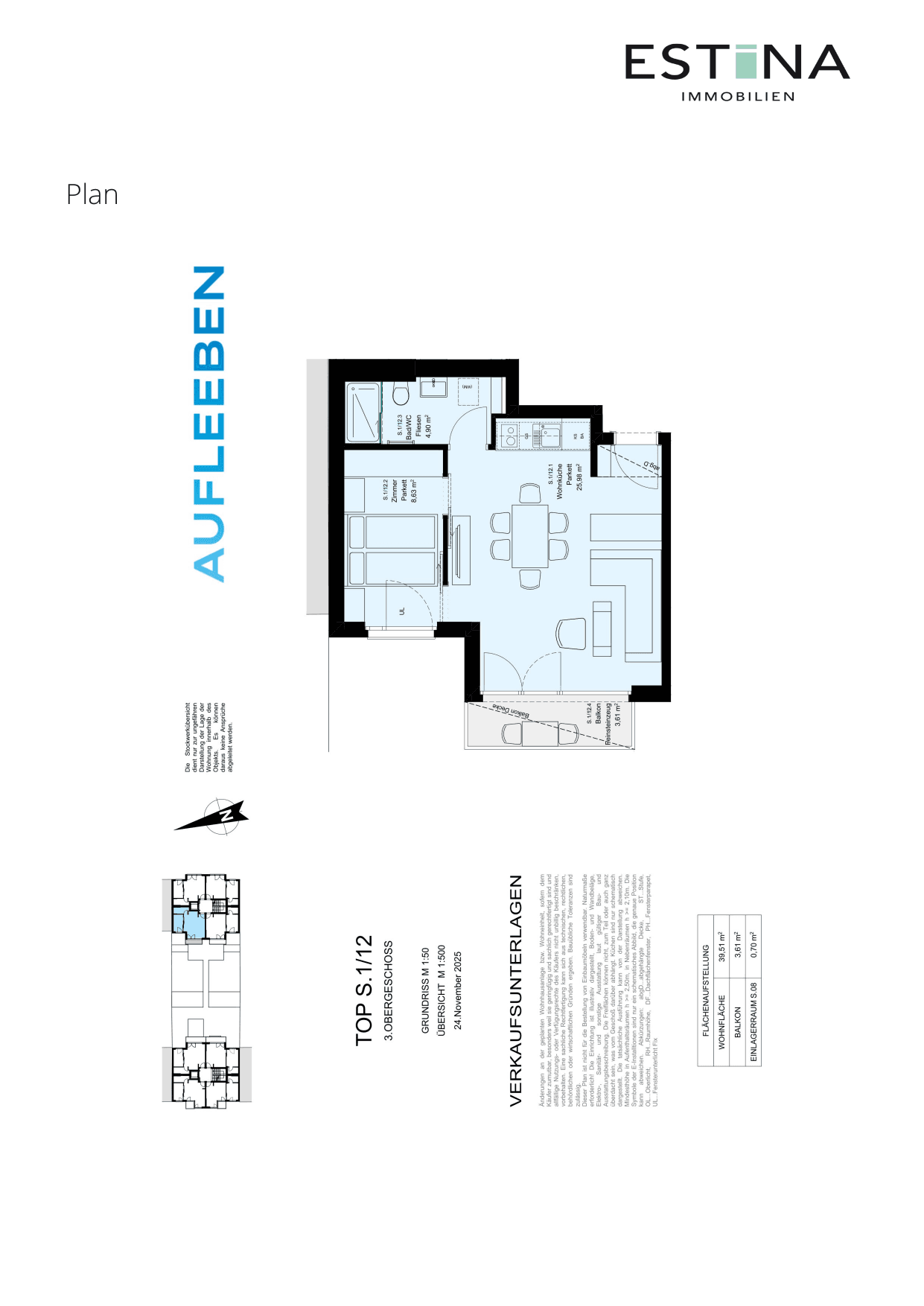 Grundriss Top S.1/12m — Aufleeben — 2 Zimmer — 39,5 m² — 3rd floor — Balkon — Grundriss 1/2
