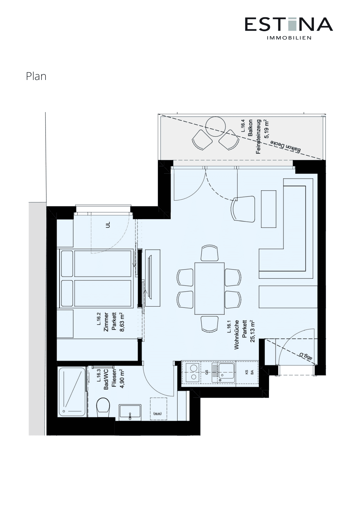 Grundriss Top L.16 — Aufleeben — 2 Zimmer — 38,7 m² — 4th floor — Balkon