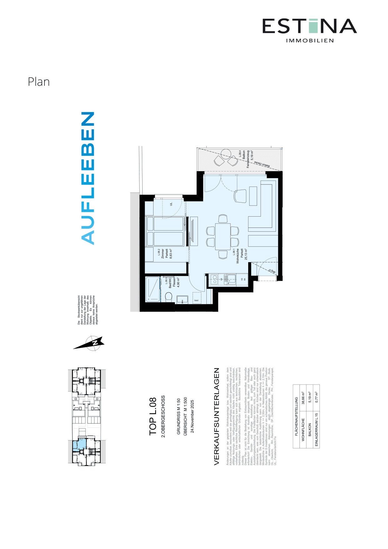 Grundriss Top L.08m — Aufleeben — 2 Zimmer — 40 m² — 2nd floor — Balkon