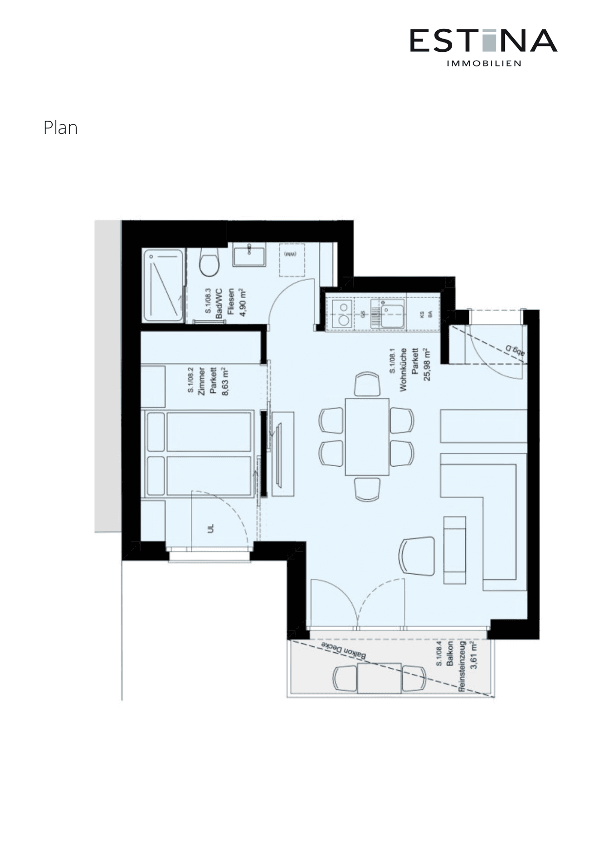 Grundriss Top S.1/08 — Aufleeben — 2 Zimmer — 39,5 m² — 2nd floor — Balkon — Grundriss 2/2