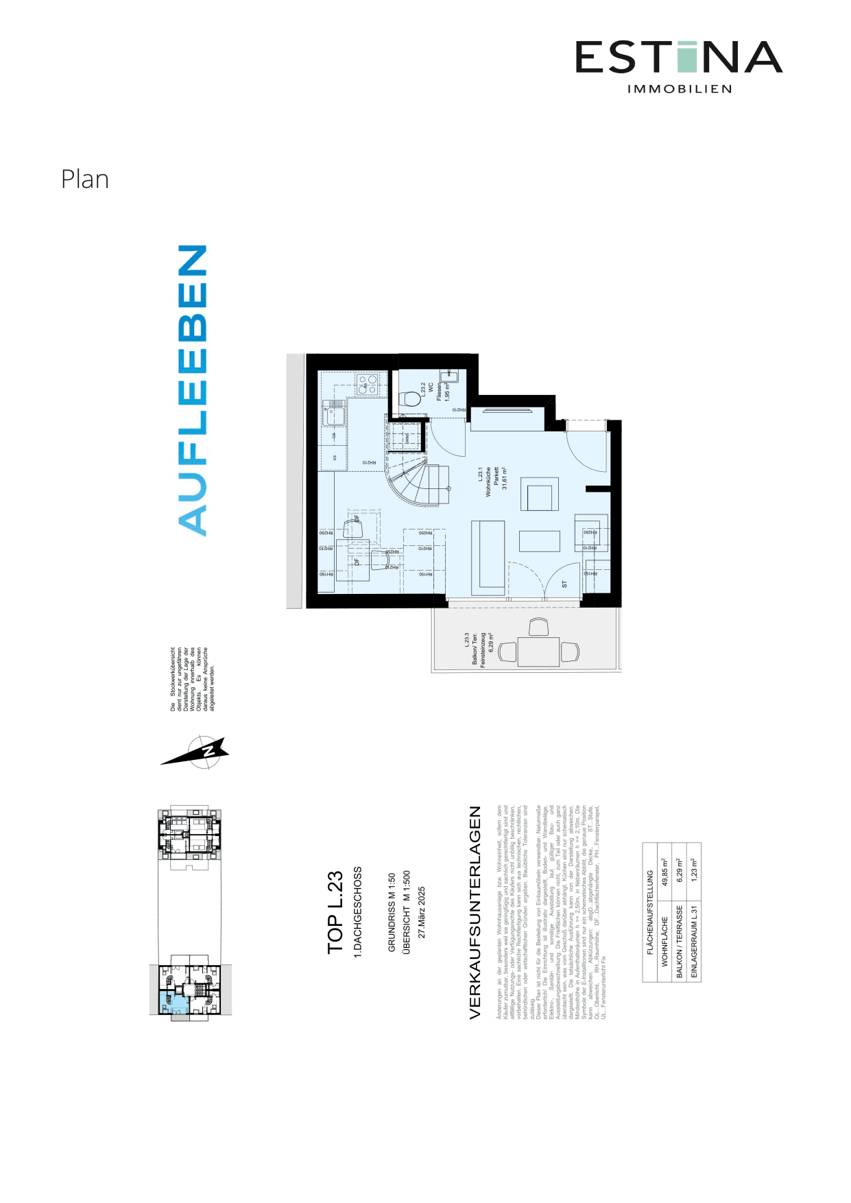 Grundriss Top L.23.1 — Aufleeben — 2 Zimmer — 49,8 m² — 2nd attic floor — Terrasse — Grundriss 1/4