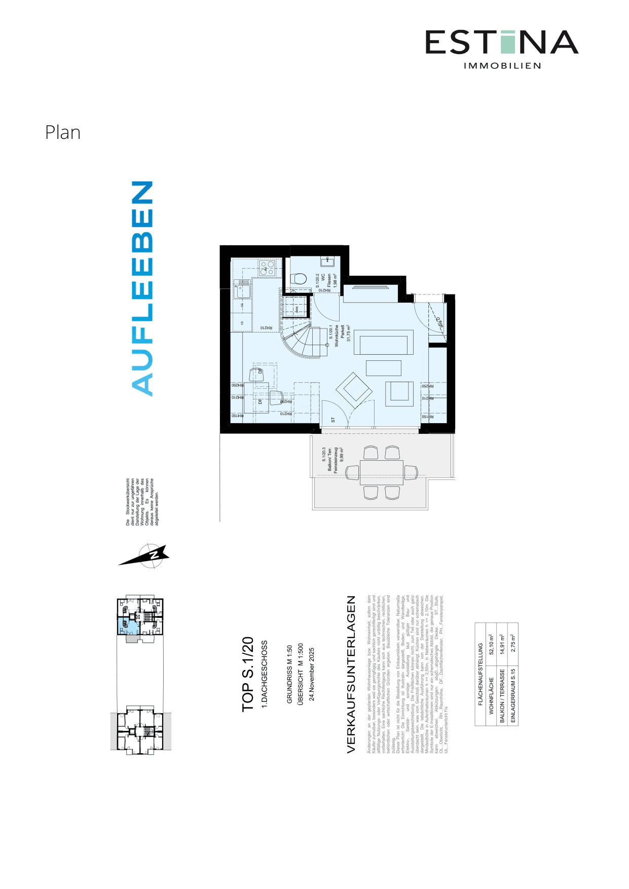 Grundriss Top S.1/20 — Aufleeben — 2 Zimmer — 52,1 m² — 2nd attic floor — Terrasse — Grundriss 1/4