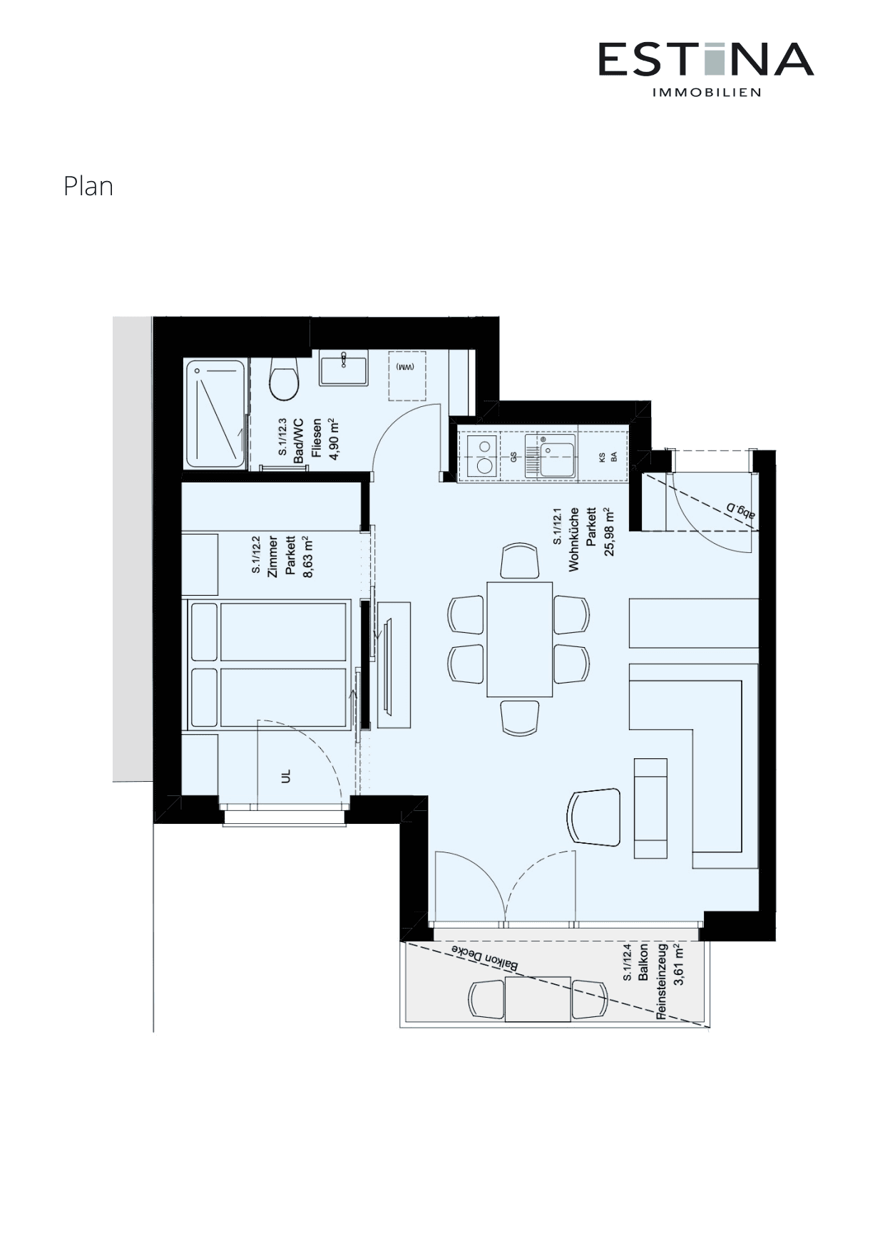 Grundriss Top S.1/12m — Aufleeben — 2 Zimmer — 39,5 m² — 3rd floor — Balkon — Grundriss 2/2