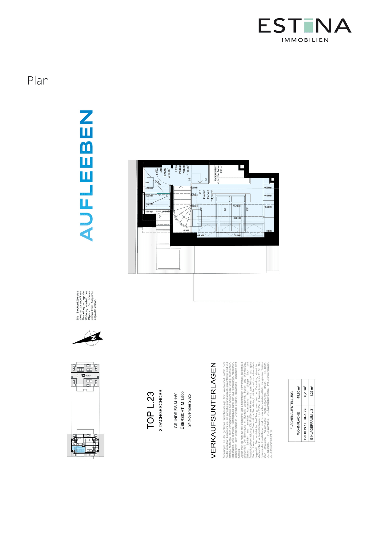 Grundriss Top L.23.1 — Aufleeben — 2 Zimmer — 49,8 m² — 2nd attic floor — Terrasse — Grundriss 3/4