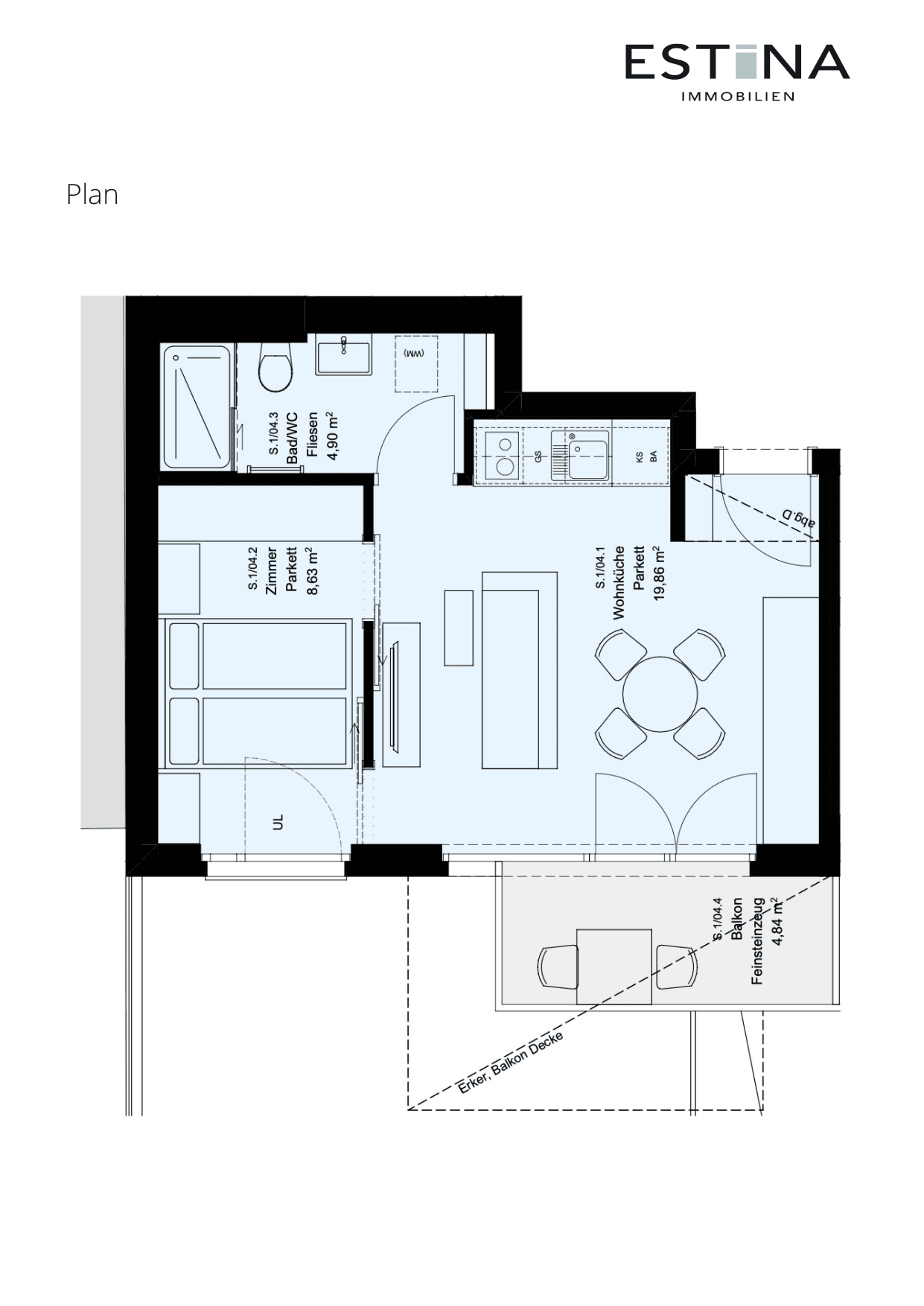 Grundriss Top S.1/04 — Aufleeben — 2 Zimmer — 33,4 m² — 1st floor — Balkon