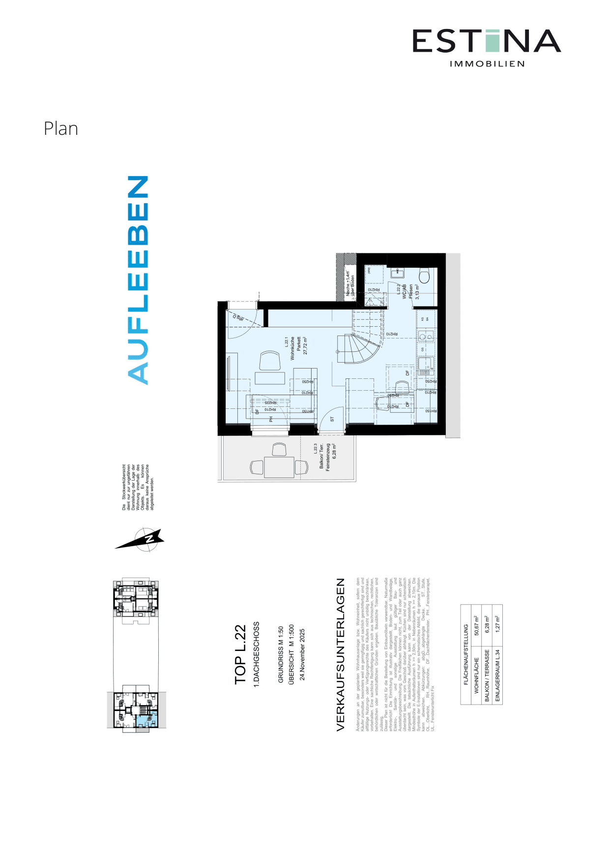Grundriss Top L.22.1 — Aufleeben — 2 Zimmer — 50,6 m² — 2nd attic floor — Terrasse — Grundriss 1/4