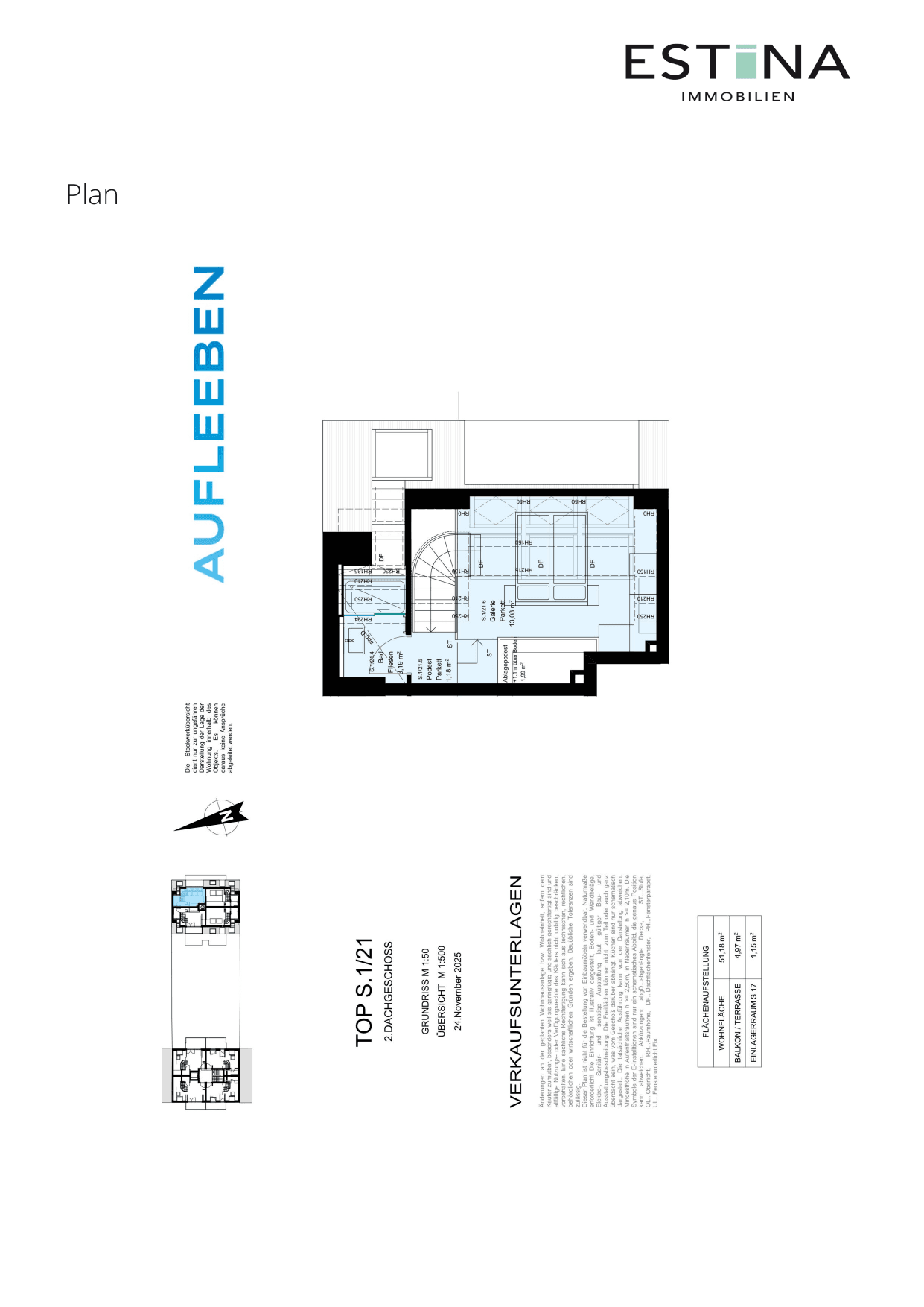 Grundriss Top S.1/21.2 — Aufleeben — 2 Zimmer — 51,2 m² — 1st attic floor — Terrasse — Grundriss 2/4