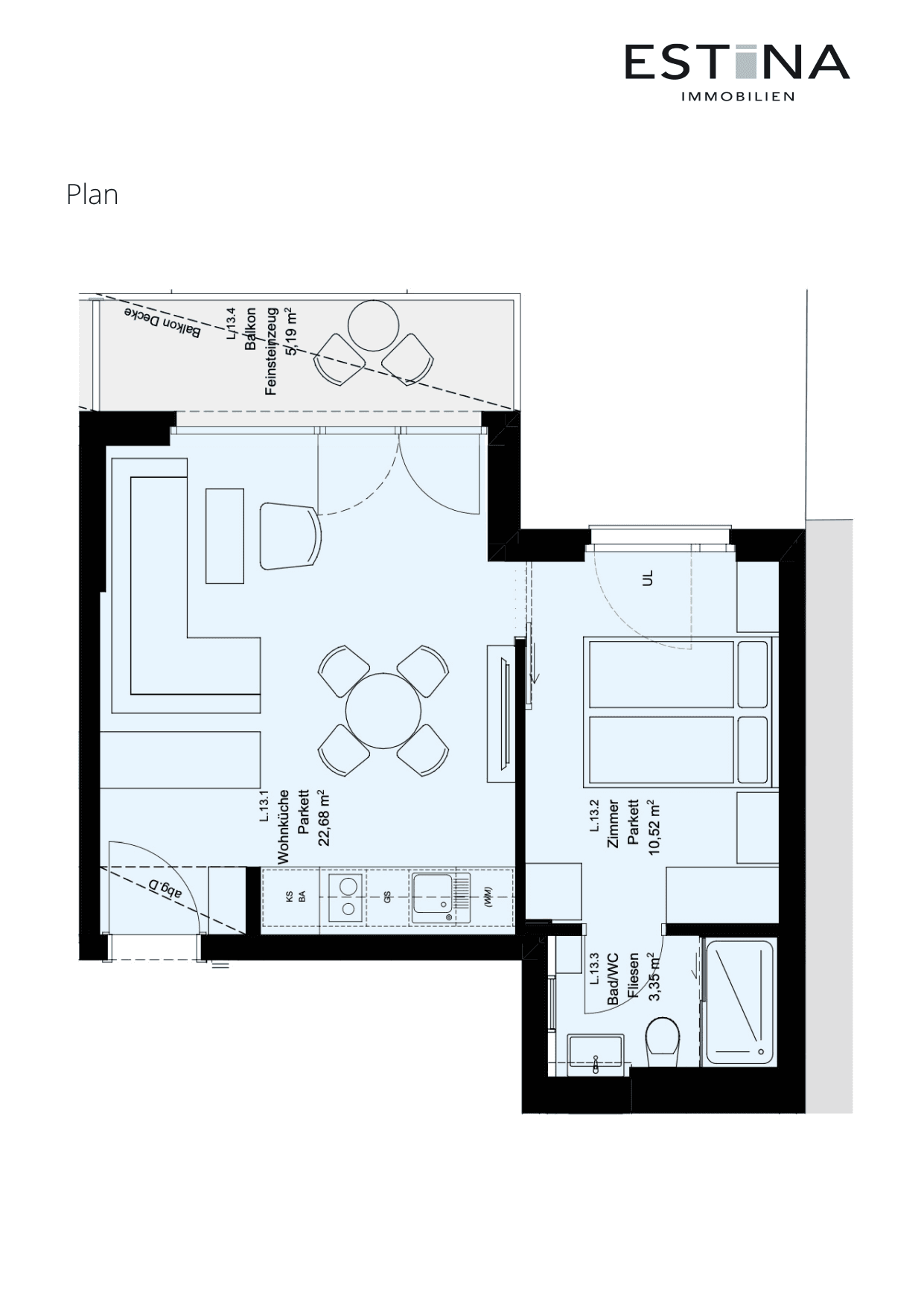 Grundriss Top L.13.1 — Aufleeben — 2 Zimmer — 36,5 m² — 4th floor — Balkon — Grundriss 2/2