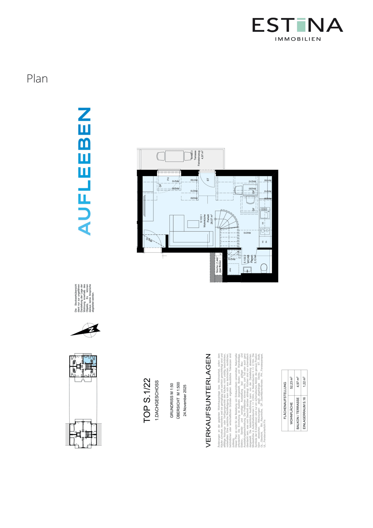 Grundriss Top S.1/22.4 — Aufleeben — 2 Zimmer — 52,3 m² — 1st attic floor — Terrasse — Grundriss 1/4