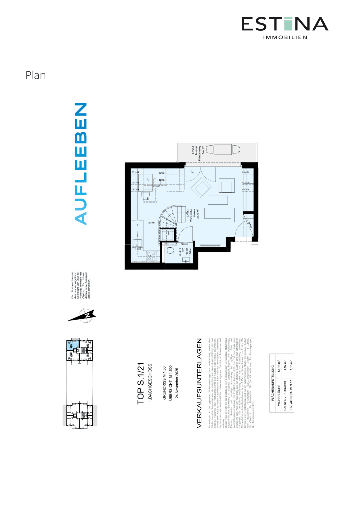 Grundriss Top S.1/21.2 — Aufleeben — 2 Zimmer — 51,2 m² — 1st attic floor — Terrasse — Grundriss 1/4
