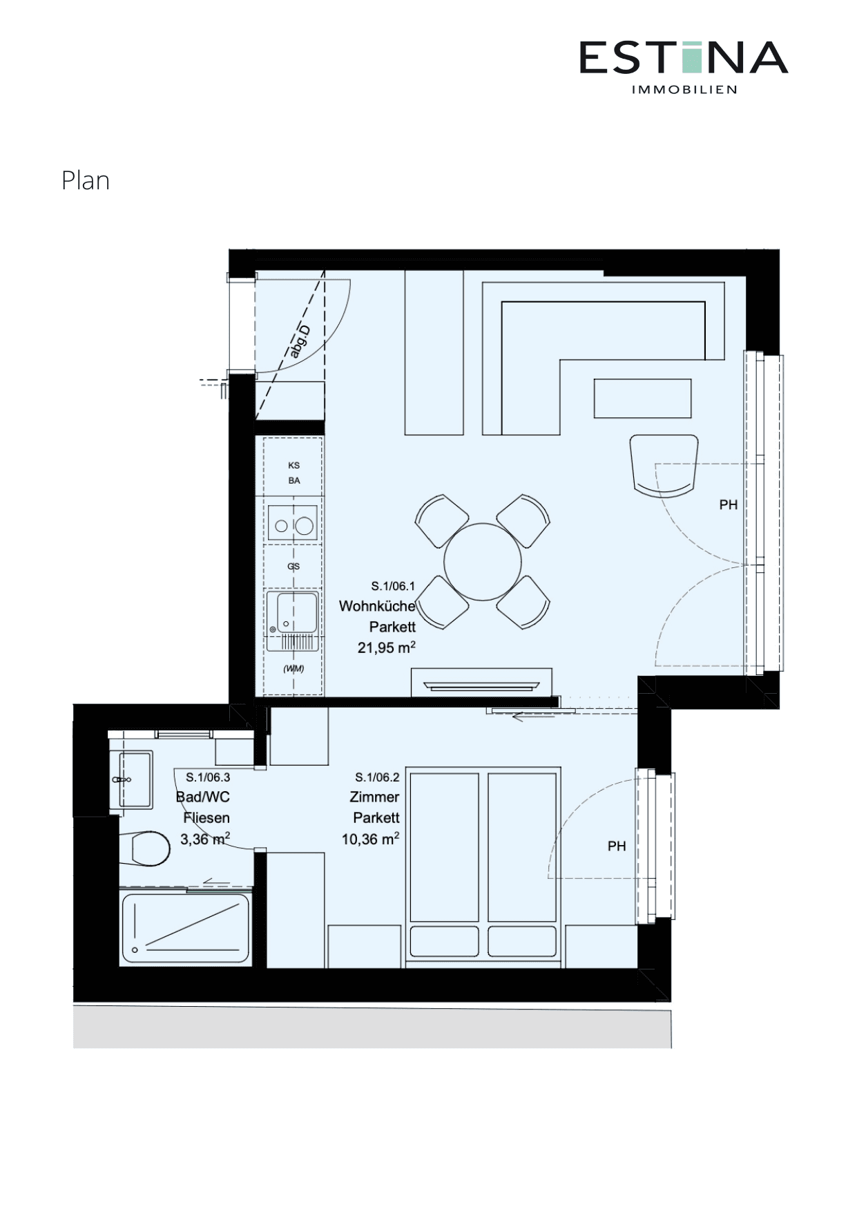 Grundriss Top S.1/06 — Aufleeben — 2 Zimmer — 35,7 m² — 1st floor — Grundriss 2/2