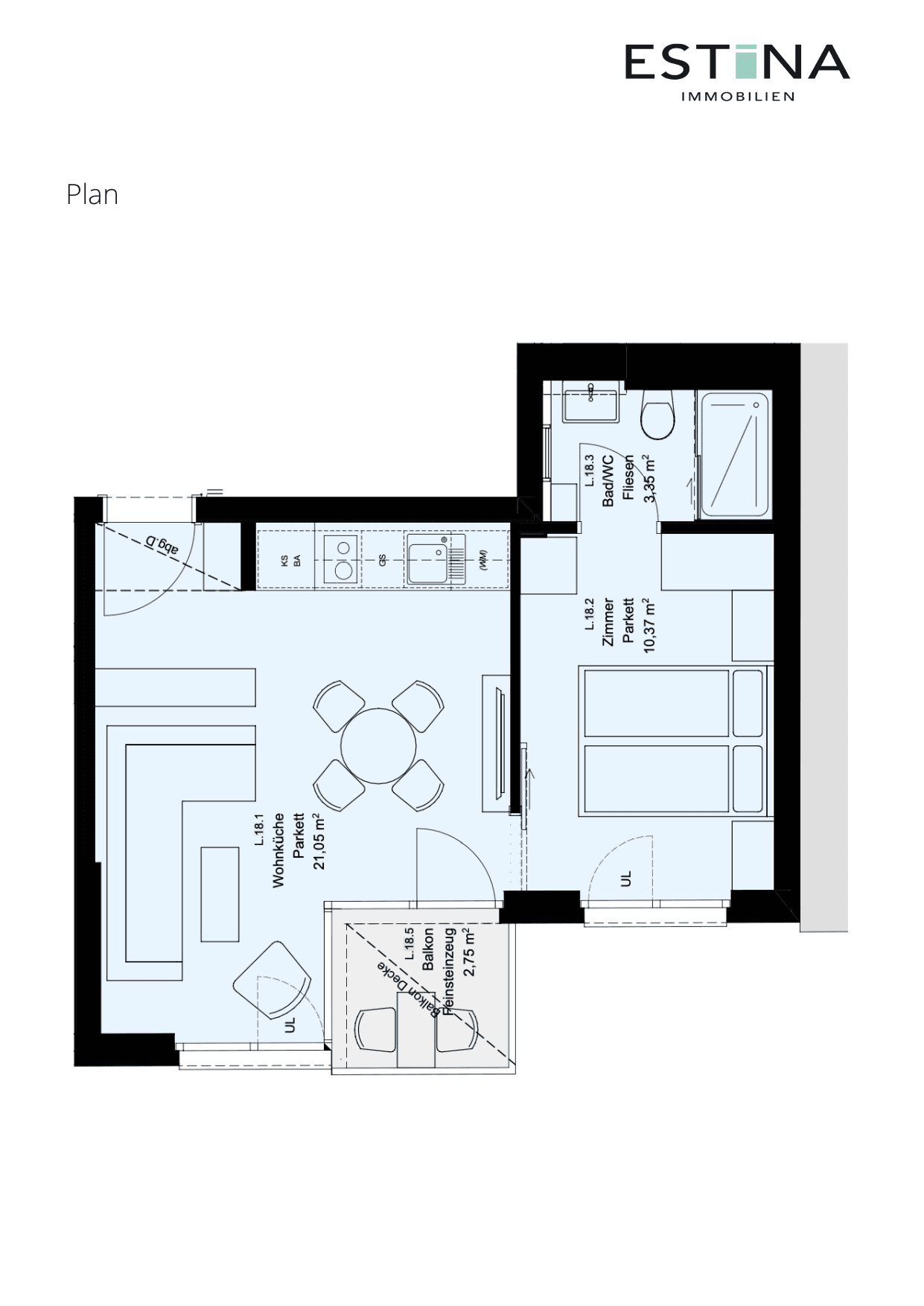 Grundriss Top L.18 — Aufleeben — 2 Zimmer — 34,8 m² — 5th floor — Balkon
