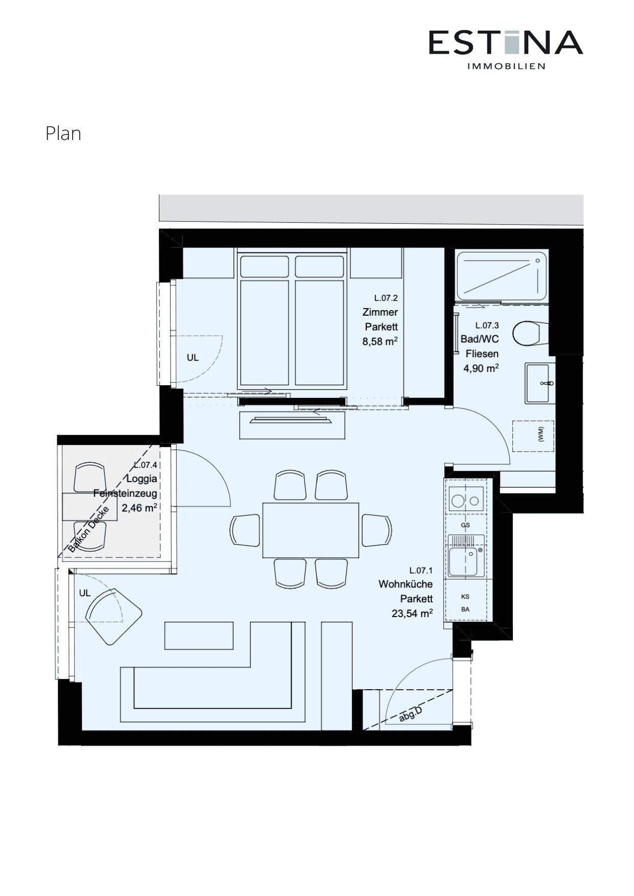 Grundriss Top L.07.1 — Aufleeben — 2 Zimmer — 37 m² — 2nd floor — Loggia