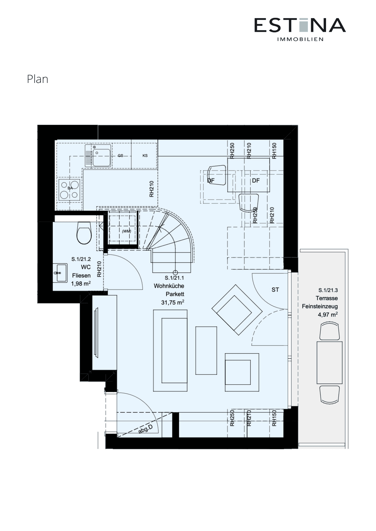 Grundriss Top S.1/21.2 — Aufleeben — 2 Zimmer — 51,2 m² — 1st attic floor — Terrasse — Grundriss 3/4