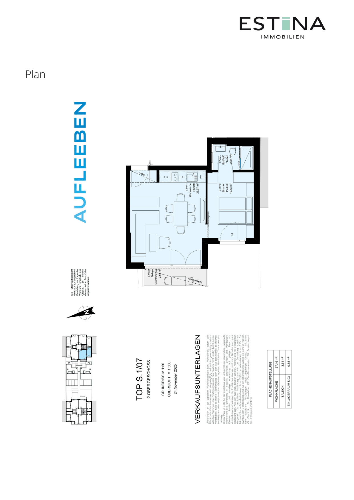 Grundriss Top S.1/07 — Aufleeben — 2 Zimmer — 37,5 m² — 2nd floor — Balkon — Grundriss 1/2