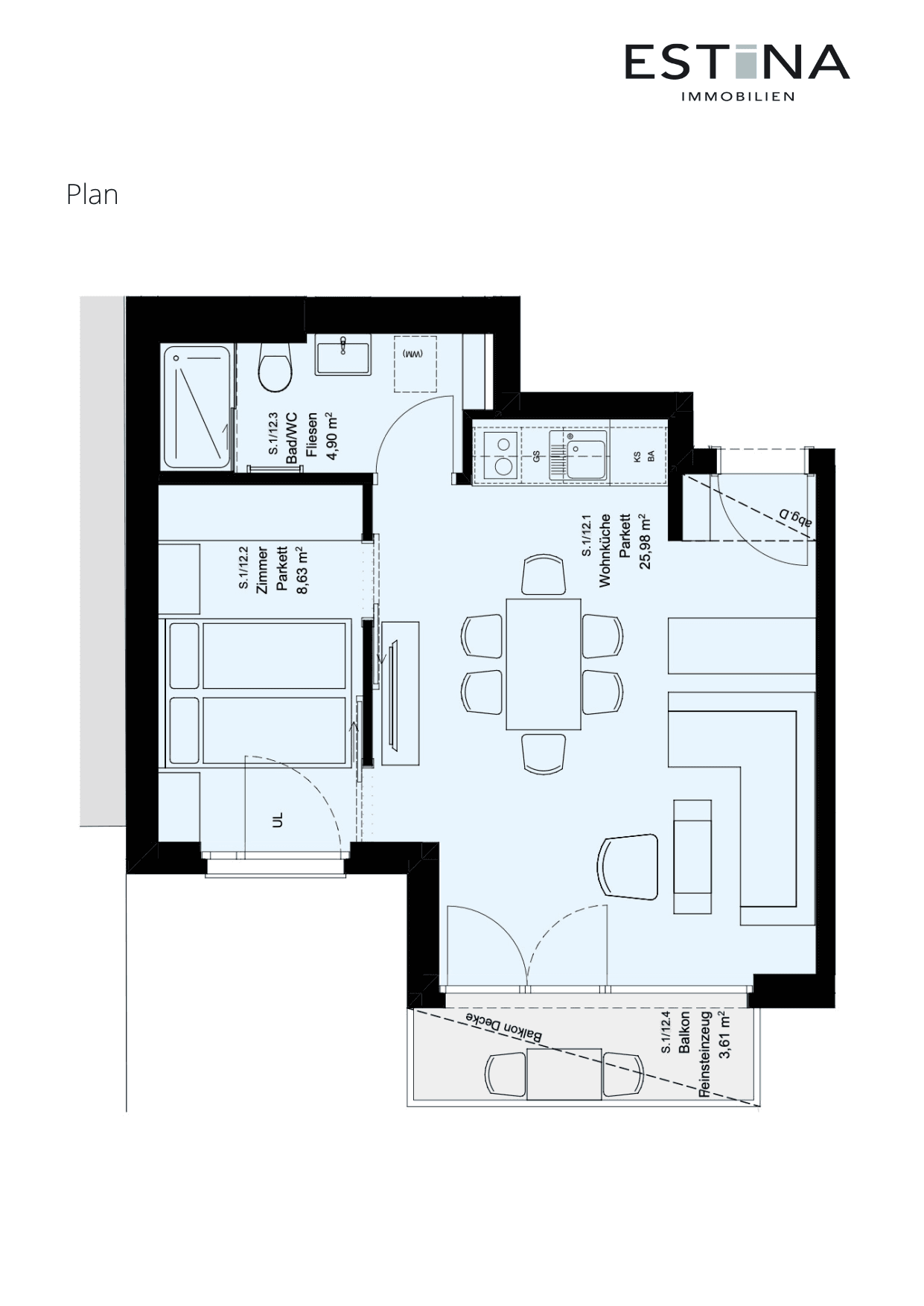 Grundriss Top S.1/12 — Aufleeben — 2 Zimmer — 39,5 m² — 3rd floor — Balkon