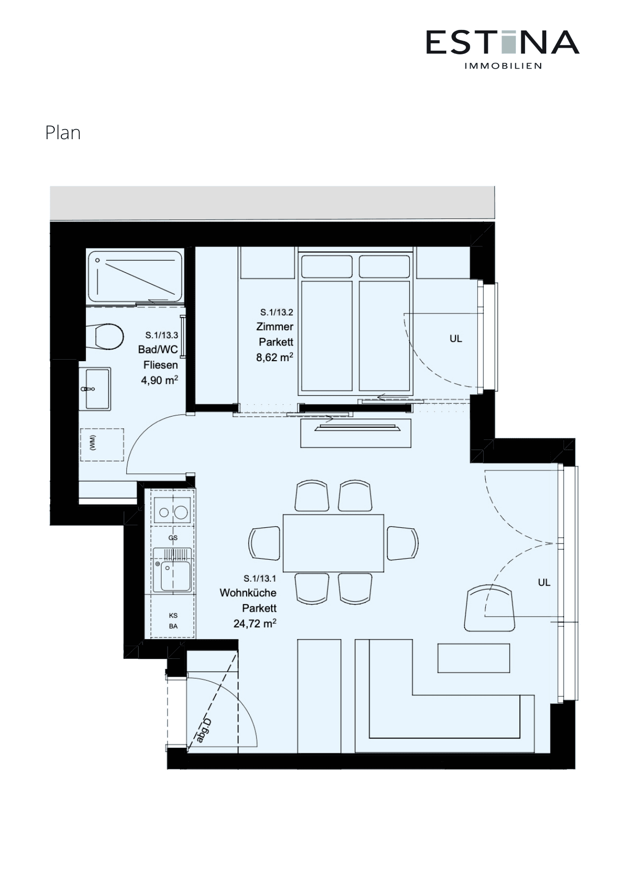 Grundriss Top S.1/13 — Aufleeben — 2 Zimmer — 38,2 m² — 3rd floor
